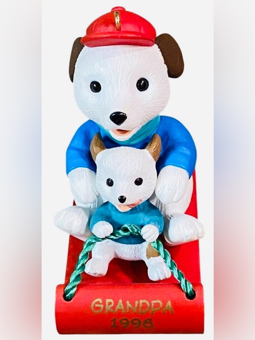 1996 Grandpa White Dog Grandpa-and-Puppy Plush Set in Blue Tops and Red Sled